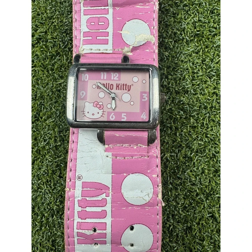 Vintage Hello Kitty Pink Wide Cuff Watch Y2KSanrio Rectangular Dial DoubleBuckle